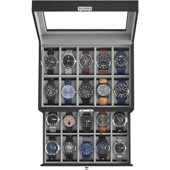 20-Slot Watch Box,Watch Case with Glass Lid,2 Layers,Lockable Watch Display Case - Picture 1 of 8